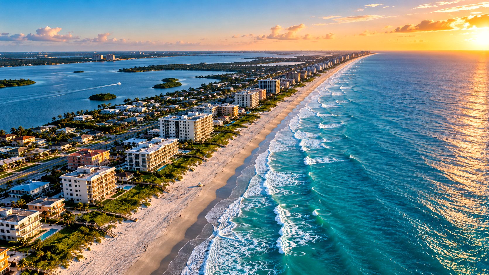 Aerial view of a Space Coast beach and barrier island at sunset