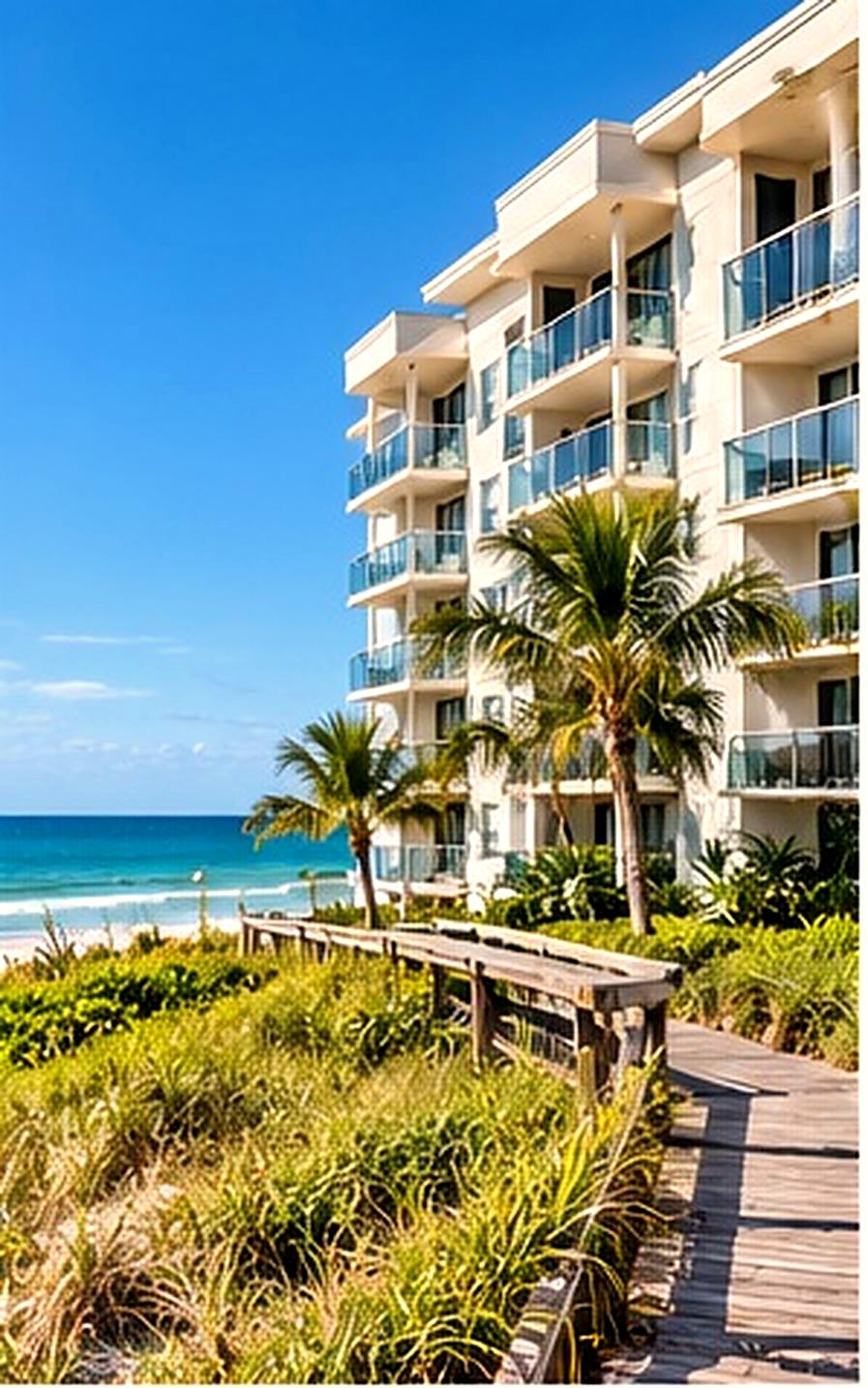 A beachfront condominium building with a boardwalk through the dunes