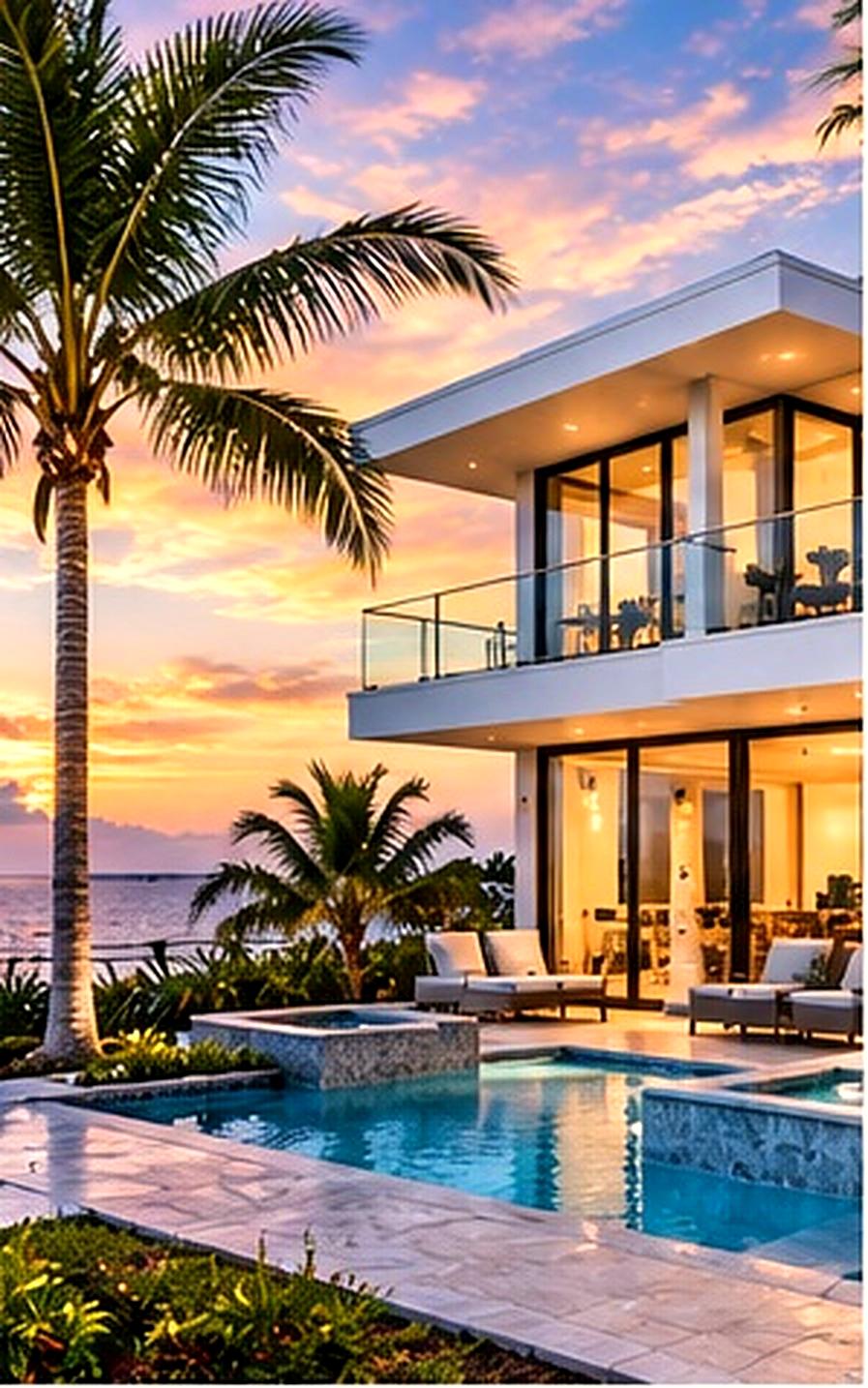 A modern Florida home with a pool at sunset