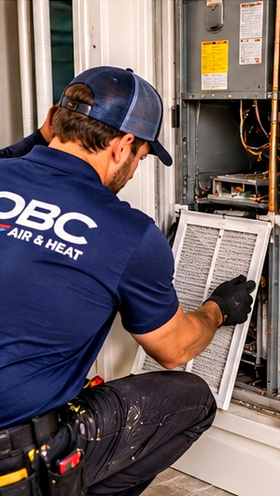An OBC Air & Heat technician replacing an air handler filter (illustrative)