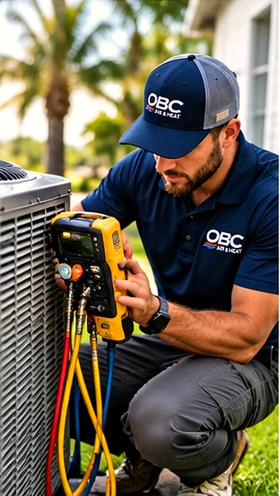 An OBC Air & Heat technician checking an outdoor condenser with gauges (illustrative)