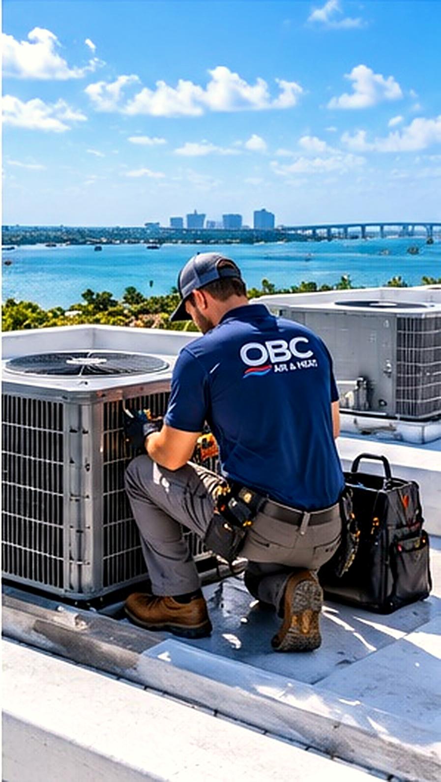 An OBC Air & Heat technician servicing rooftop units near the water (illustrative)