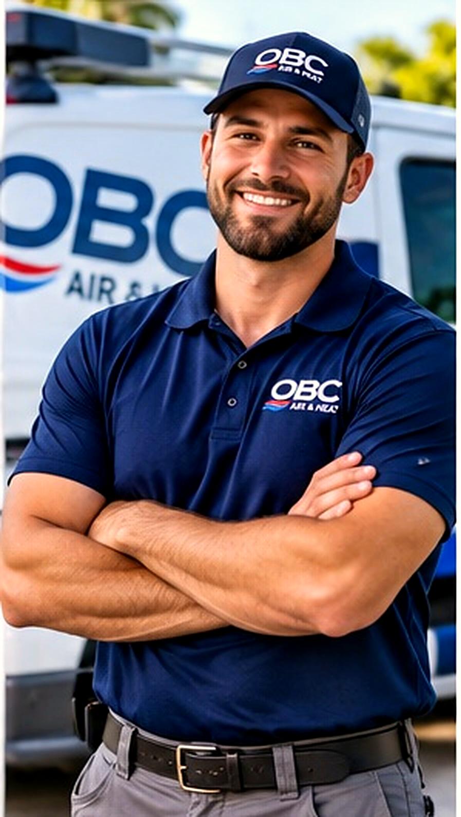 A smiling OBC Air & Heat technician by the service van (illustrative)