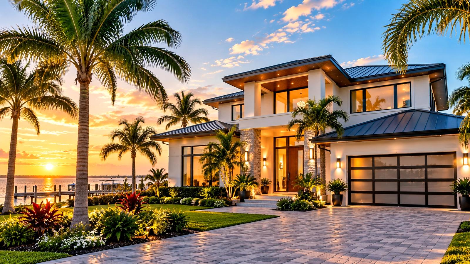 A coastal luxury single-family home with palm trees at sunset